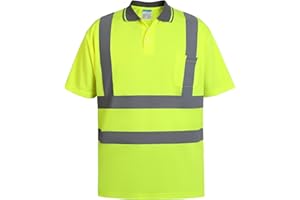 SHORFUNE High Visibility Safety Polo Shirts Short Sleeve, Hi Vis Reflective Construction Work Shirts with Reflective Strips and Front Pocket, ANSI/ISEA Class 2 Compliant, Yellow, L