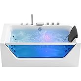 Empava 59 in. Acrylic Alcove Whirlpool Bathtub - Hydromassage Rectangular Jetted Soaking Tub with Center Drain - Waterfall Fa