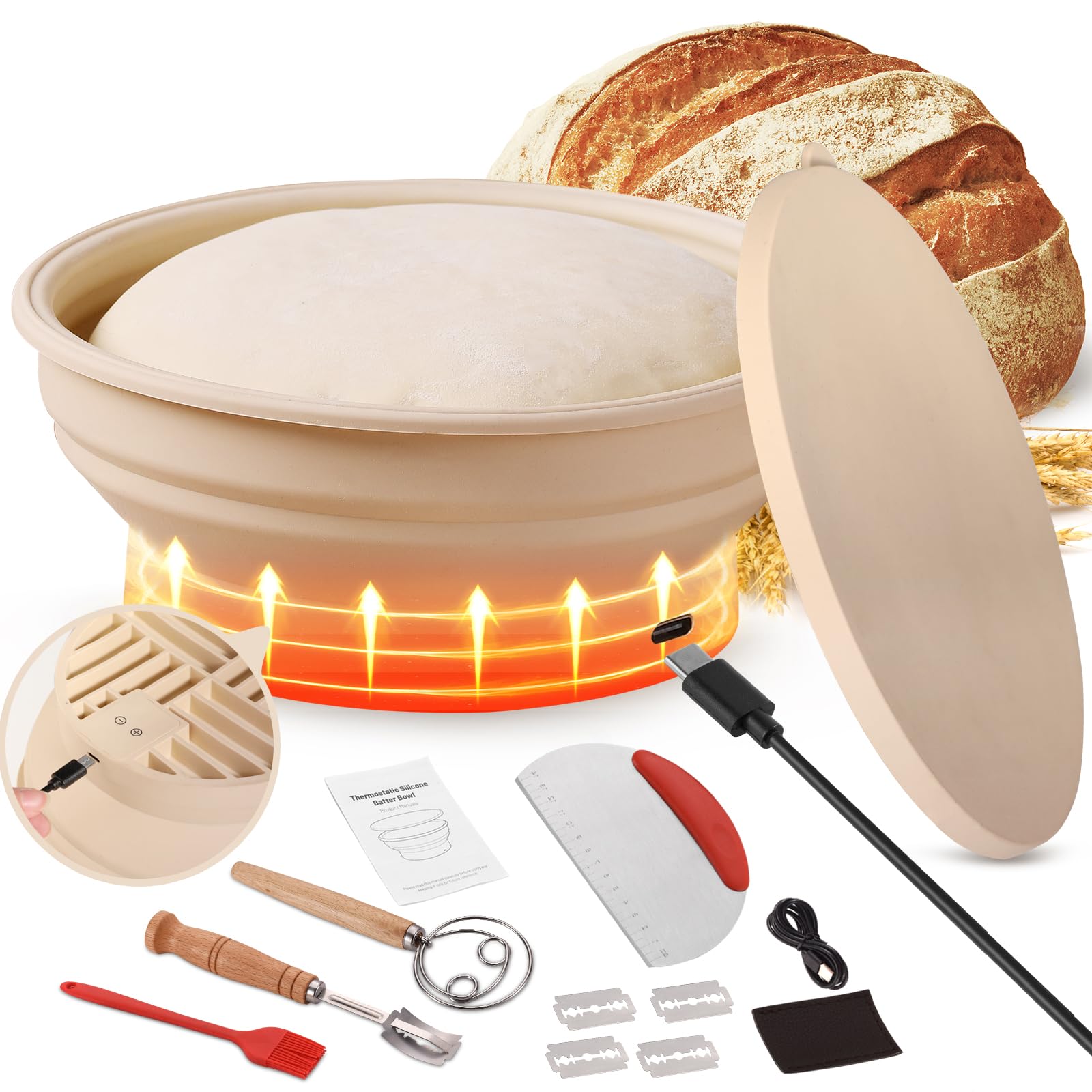 Yacumx Heating Sourdough Bread Proofing Basket Set, Electric Thermostatic Silicone Batter Bowl, Banneton Baking Supplies, 9 Inch Round Foldable Proofing Bowl, White