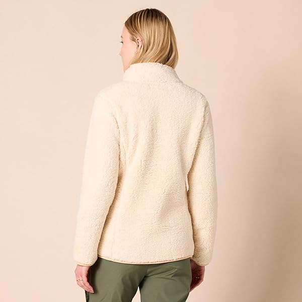 AMAZON ESSENTIALS WOMEN’S SHERPA LONG-SLEEVE MOCK NECK FULL-ZIP JACKET WITH WOVEN TRIM (AVAILABLE IN PLUS SIZE), BEIGE COLOR BLOCK, X-SMALL
