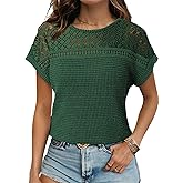 Dokotoo Women's Tops Casual Scoop Neck Short Sleeve Waffle Knit Hollow Out Shirts Loose Tunic Tops Blouses