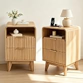 Ghudubia Fluted Nightstand Set of 2 with Charging Station, Wood | with 2 Drawers, Rounded Edge, Open Shelf, 27.17" H Bedside Table, Modern Wood End Table