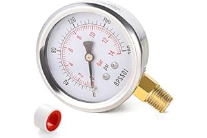 BPSSDI 0-200 Psi Water Pressure Gauge, 2-1/2" Dial, 1/4" NPT Lower Mount, Stainless Steel Case, Water Pressure Gauge Test for Home Potable Water, House Tube(with Tape)