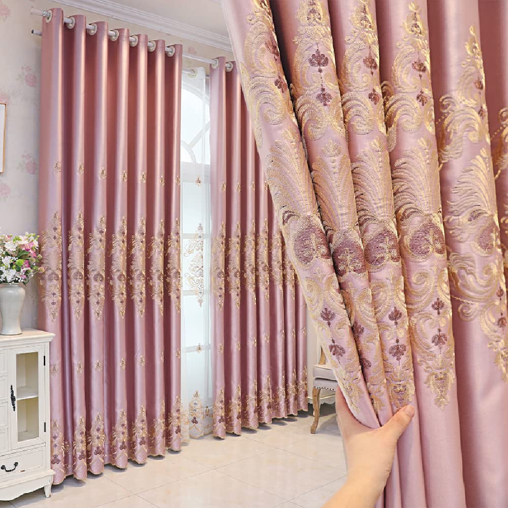 Photo 1 of Amidoudou 1 Pair European Luxury Jacquard Embroidered Curtains for Living Room Bedroom (Pink,51x84 Inch)