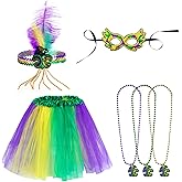 SUMERSHA 6pcs Mardi Gras Costume Set Tutu Skirt Sequins Feather Headband Masquerade Mask Beads Necklaces for Women Carnival Dress up Accessories