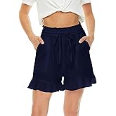 LNX Womens Linen Shorts Ruffle High Waisted Wide Leg Drawstring Summer Beach Shorts with Pockets