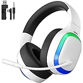 SEJJ 2.4Ghz Wireless Gaming Headset for PS5, PS4, PC, Mac, Bluetooth 5.4 Gaming Headphones with Noise Canceling Mic, 70H Battery, Surround Sound, Lay-Flat & Foldable - RGB White