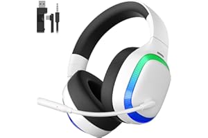 SEJJ 2.4Ghz Wireless Gaming Headset for PS5, PS4, PC, Mac, Bluetooth 5.4 Gaming Headphones with Noise Canceling Mic, 70H Battery, Surround Sound, Lay-Flat & Foldable - RGB White