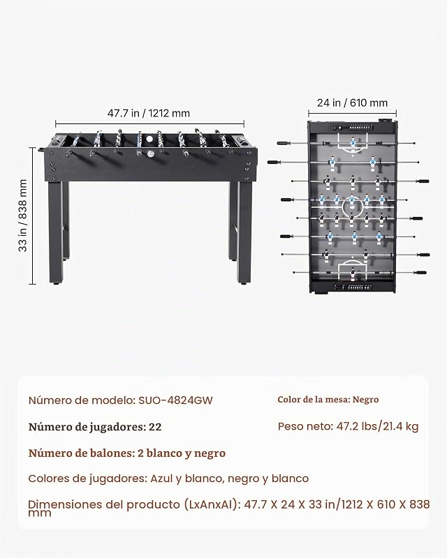 Mesa de matraquilho, tamanho padrão, ideal para interiores, casa, família e sala de jogos, jogo de futebol robusto, inclui 2 bolas, marcador e 2 porta-copos, 1212 x 610 x 838 mm, preto