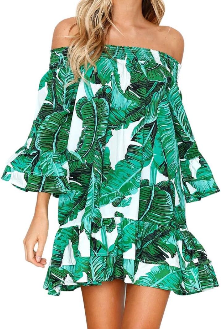 Kstare Womens Summer Off Shoulder Floral Print Sundress Party Short Beach Mini Dress (Green, M)