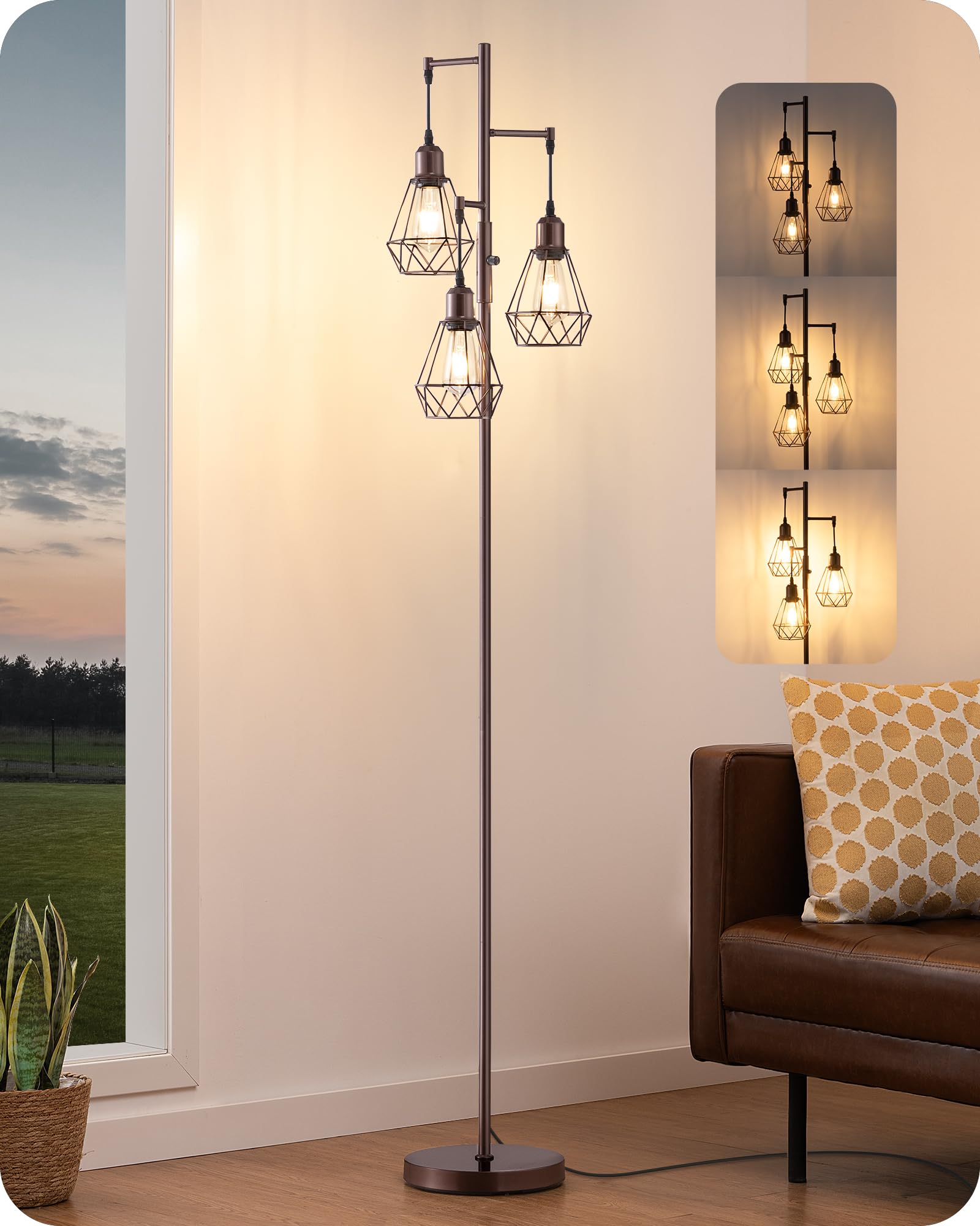 Photo 1 of EDISHINE 70IN Industrial Floor Lamps for Living Room, Dimmable Farmhouse Corner Reading Lamp, Diamond-Shaped Lampshade, 3 LED Edison Bulbs Included, Rustic Tree Standing Lamp for Bedroom, Brown