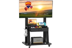 AOKITSINK Mobile TV Cart with Drawer,for 23-75 inch Flat/Curved Screen Up to 120lbs,Adjustable Height Rolling TVs Floor Stand with 2 Tiers Shelves,Locking Wheel,for Indoor Outdoor,Max VESA 600x400mm,Black