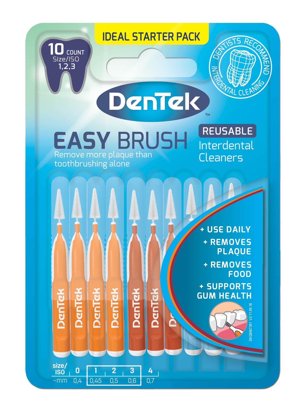 DenTek Easy Brush Interdental Brushes, Multi-Size Pack, 4 x ISO1 (0.45mm), 3 x ISO2 (0.5mm) and 3 x ISO3 (0.6mm) for removing food and plaque between teeth. 10 Pack