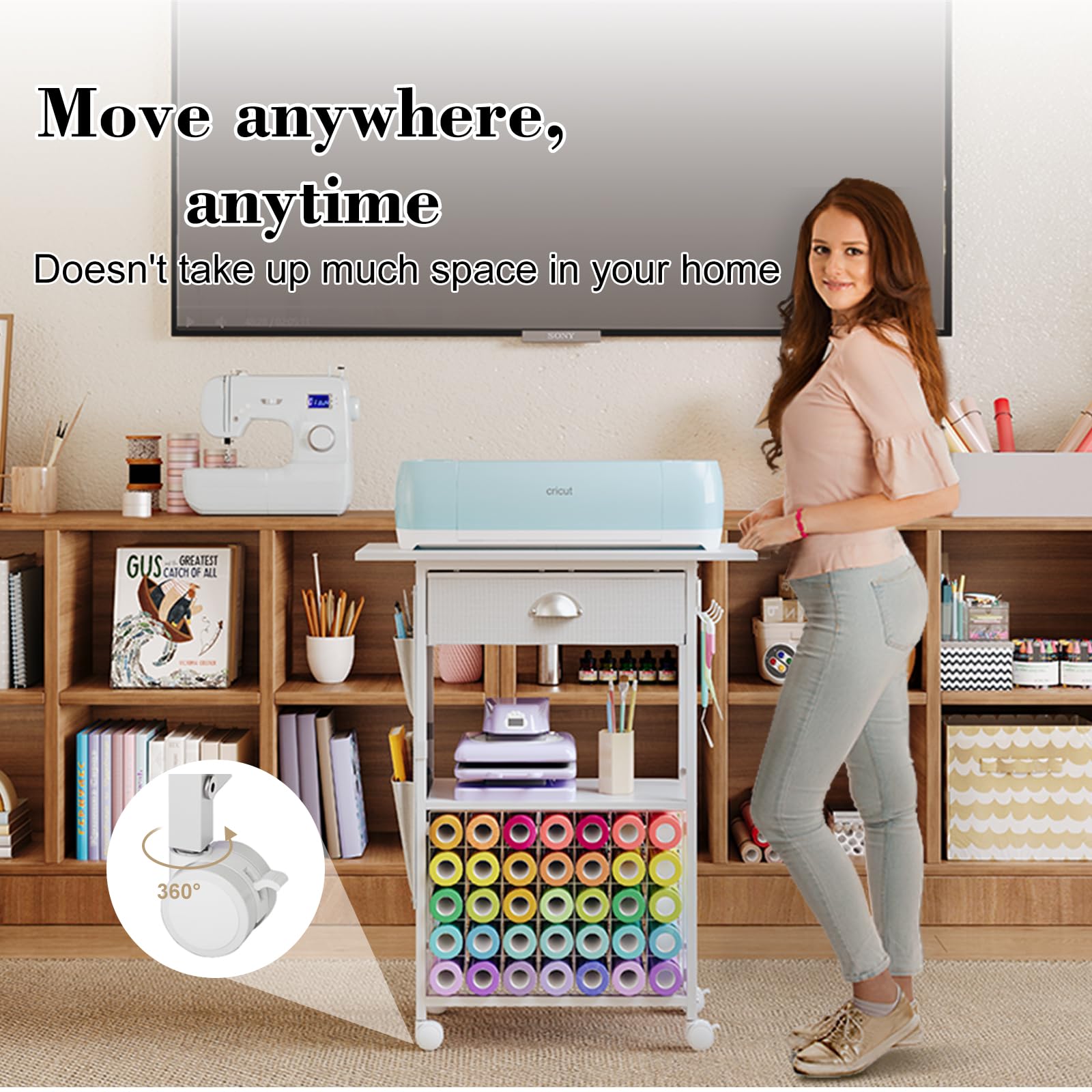 Craft Organizers Table and Storage Cart: Organizing Cutting Accessories and Machine with 35 Vinyl Roll Holders, Crafting Heat Press Stand with Drawers and Hooks, White