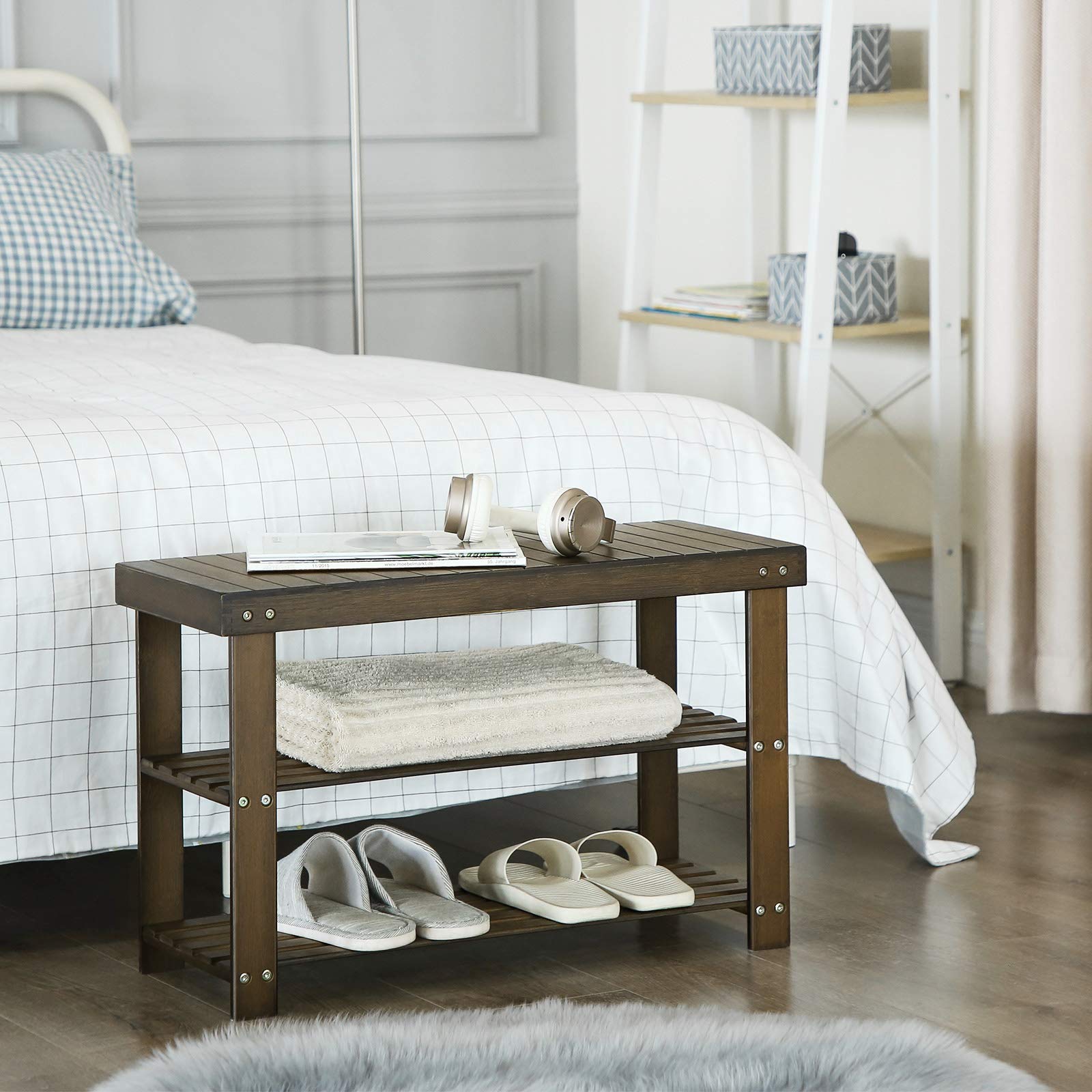 SONGMICS Bamboo Shoe Bench, 2-Tier Shoe Rack, Stable Shoe Organizer for Entryway, Living Room, Bedroom, Storage Shelf Load up to 286 lb, 27.6 x 11.4 x 17.7 Inches, Walnut Color ULBS04WL