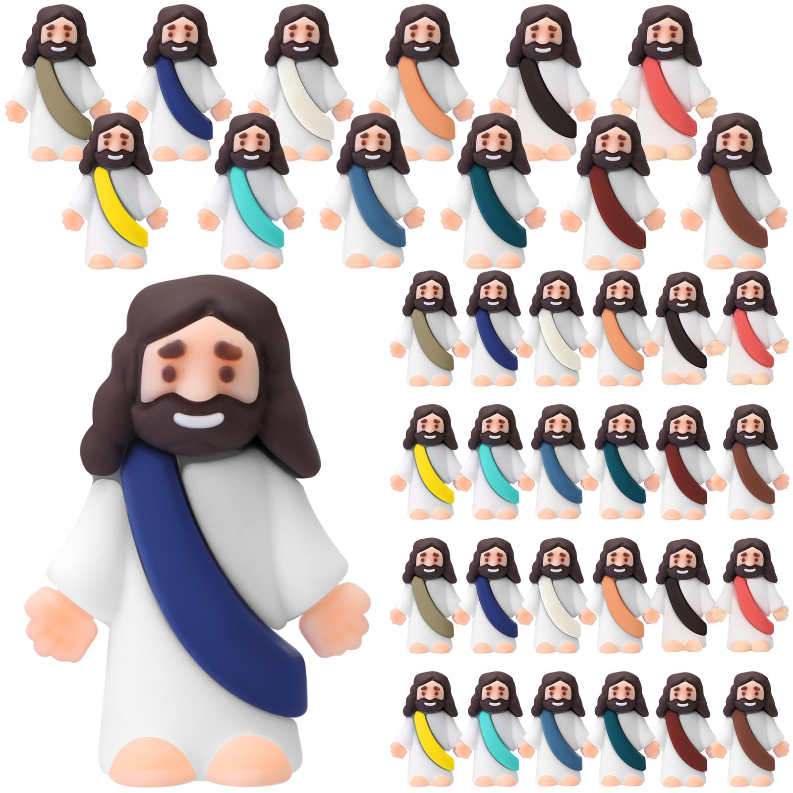 Bememo 25 Pcs Little Jesus Figures Original Design Mini Rubber Jesus Figurine to Hide and Seek Religious Party Favors Sunday Baptism Gifts(Christian Colors)