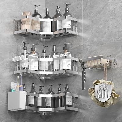 AceMining Shower Caddy 5 Pack Silver No Drilling Adhesive Shelf 201 Stainless