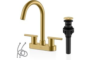 KENES Brushed Gold 4 Inch 2 Handle Centerset Bathroom Faucet, 3 Hole Gold Bathroom Sink Faucet, with Pop Up Sink Drain and Two Water Supply Lines, KE-9019-4
