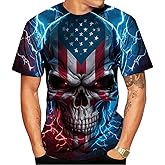 LAOLIUSN Men's Lightning Skull T-Shirt Patriotic Theme Tee American Flag Graphic Top