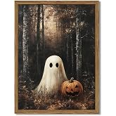 Framed Vintage Halloween Ghost Canvas Wall Art, Cute Ghost Pumpkin Wall Decor Paintings, Gothic Dark Academia Pictures Prints Spooky Fall Forest Home Decor for Living Room Bedroom 12x16 inch