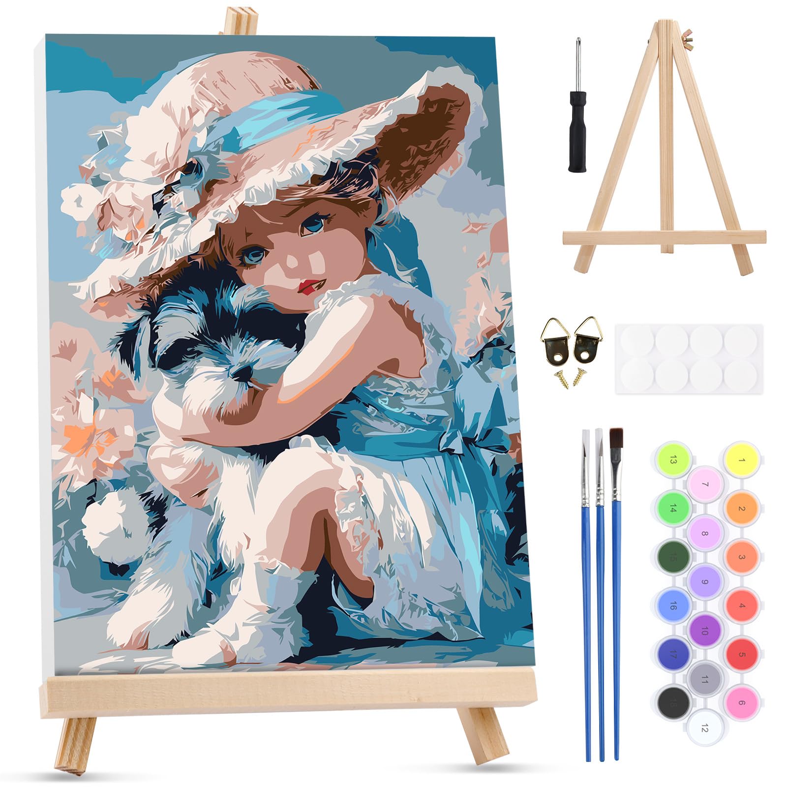 MXJSUA Girl and Dog Paint by Numbers Kit with Frame for Adults, Easy Beginners Paint by Number on Canvas with Easel, Acrylic Number Painting Craft Gifts for Home Decor, 20x30cm