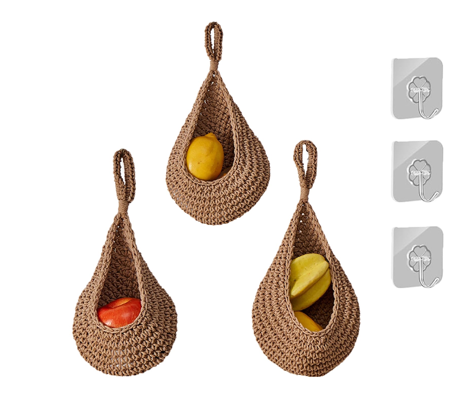 3 PCS Cotton Rope Woven Hanging Wall Basket for Fruits and Vegetables - Teardrop Plant Decor With Hooks