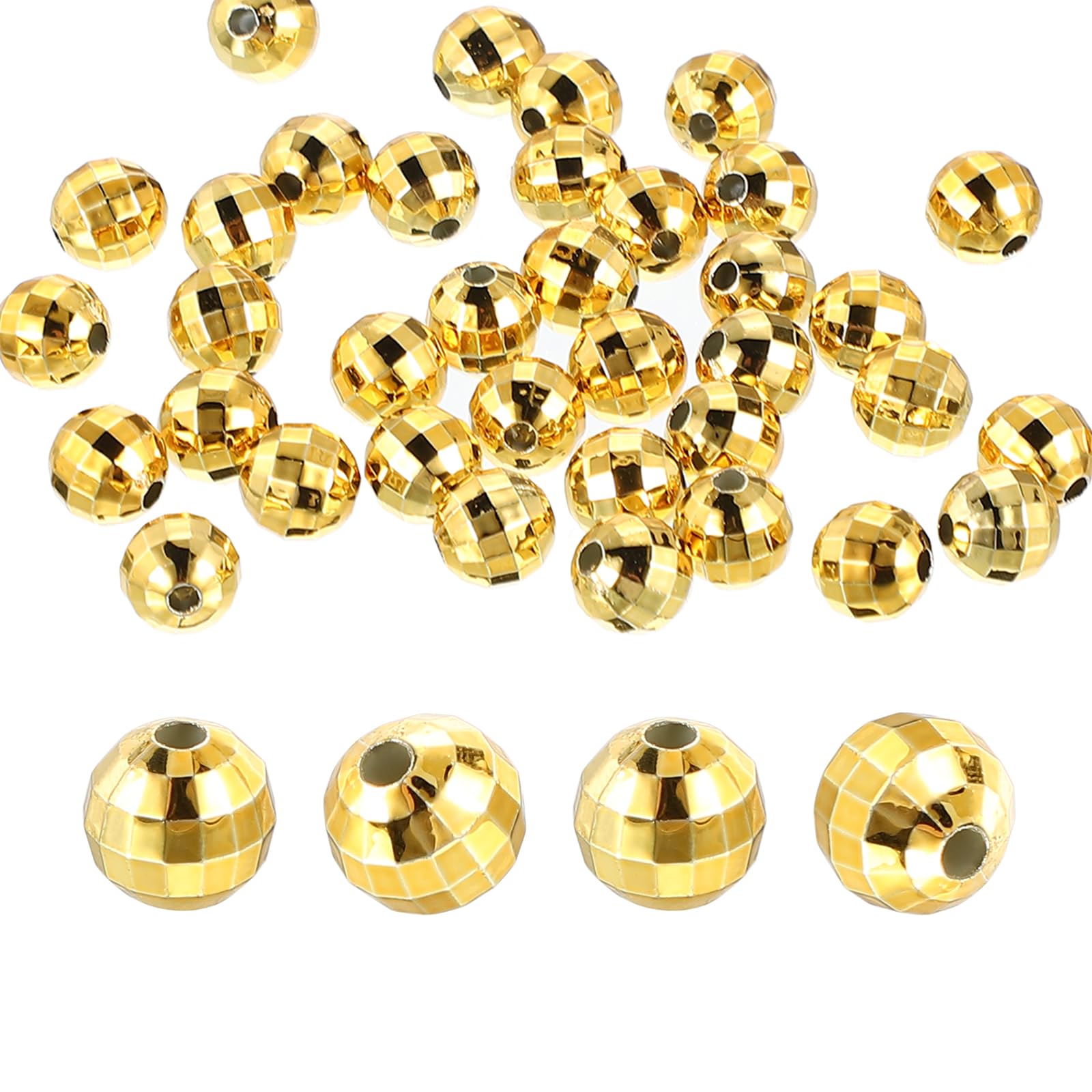 PATIKIL Disco Ball Beads, 50 Pcs 10mm Reflective Round Acrylic Mirror Ball Charm for Decoration DJ Party DIY Crafts, Gold Tone