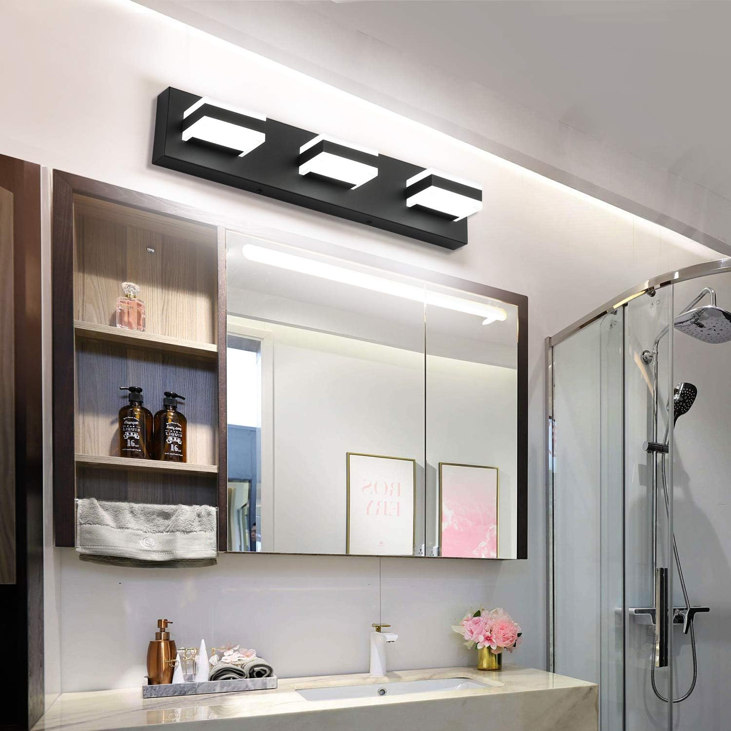 SOLFART LED Modern Black Bathroom Vanity Lights Over Mirror 3 Lights