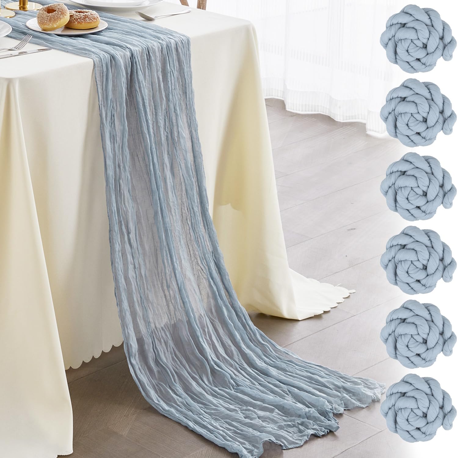 Photo 1 of Nialnant 6 Pack Dusty Blue Cheesecloth Table Runner,10Ft Boho Gauze Table Runners Rustic Cheese Cloth Table Runner for Wedding Decor Bridal Shower Holiday Party