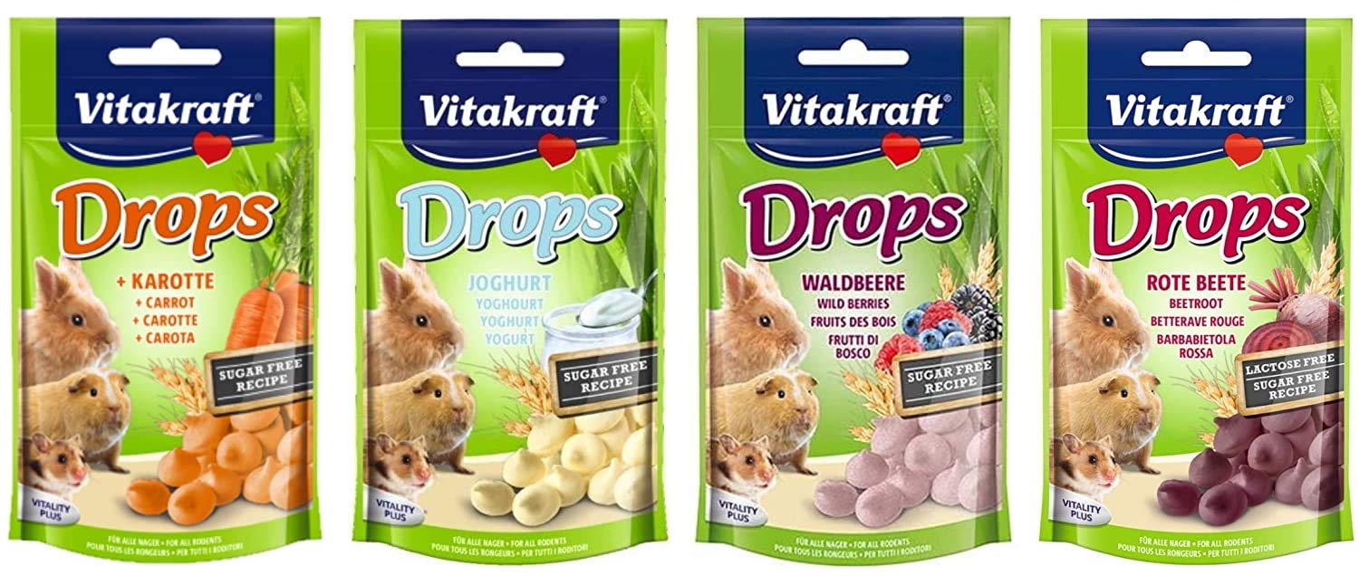 WUNDAPETS *NEW* 4 PACK MIXED VITAKRAFT SMALL ANIMAL TREAT DROPS SUGAR FREE 4 TASTY FLAVOURS