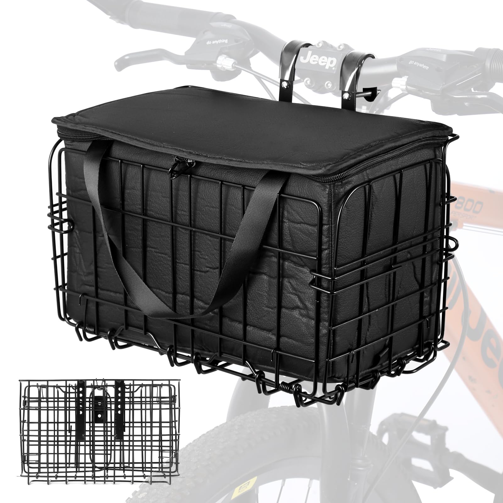 Photo 1 of Front Folding Bike Basket with Removable Liner Bag - Quick Release Bicycle Carrier for Small Pets & Picnic Essentials