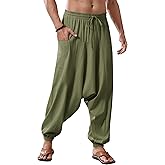 Runcati Mens Harem Pants Baggy Hippie Casual Cotton Linen Loose Boho Yoga Beach Drop Crotch Trouser