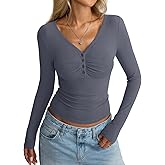EasyGala Women Cotton Long Sleeve Henley Shirts V Neck Front Ruched Tops Sexy Low Cut Fitted T-Shirt Trendy Fall 2025