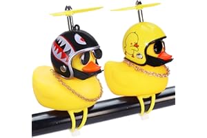 WONUU Rubber Duck Car Ornaments, 2Pcs Yellow Duck Car Dashboard Decorations Squeeze Duck Bicycle Horns with Propeller Helmet