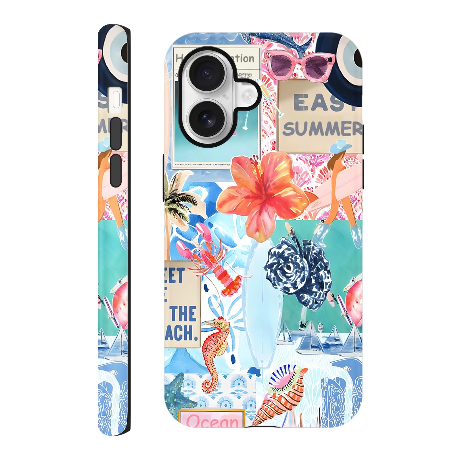 Case Compatible with iPhone 16 6.1", Beach Summer Sea Shell Collage Hibiscus Flower Phone Case Seahorse Aesthetic Cover, Protective Scratch Resistant Hybrid 2-Layer Hard Shell for Girl Women Men