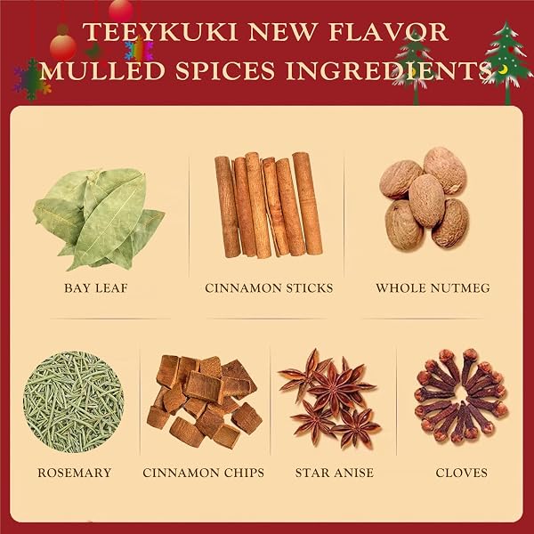 TEEYKUKI NEW FLAVOR MULLING SPICES FOR APPLE CIDER, 5.3OZ(150.0G), MULLING SPICES USED FOR WINE & HOT DRINKS ON CHRISTMAS DAY, GREAT MULLED WINE SPICES, BAY LEAF FLAVOR