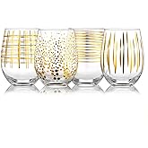 Joeyan Hand Blown Stemless Wine Glasses with Gold Dots Swirls Grids Strips Pattern for Red White Wine,Large Drinking Glass Cups,Wine Glass Tumblers for Wedding Party Home,Set of 4,17.5 oz