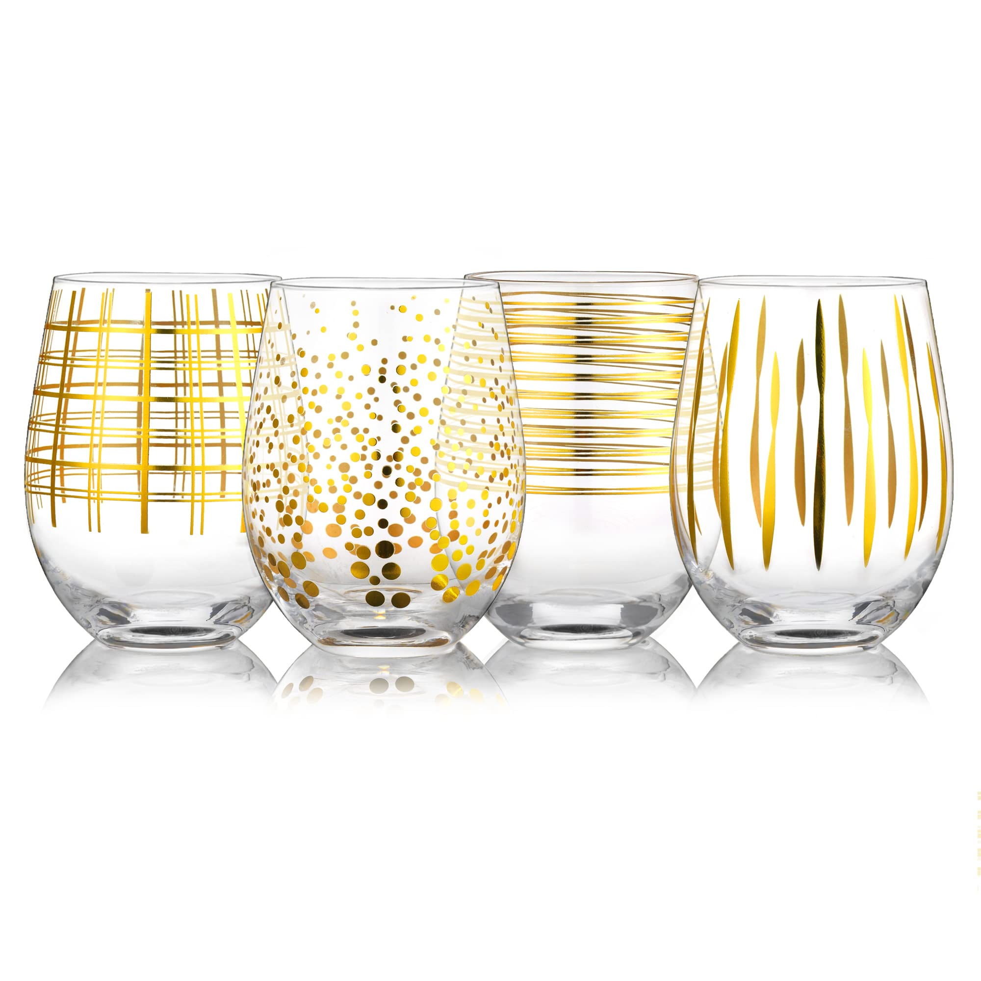 Handmade Decal Stemless Wine Glasses Set of 4 - 520ml Gold Swirls Dots Decal Wine Glasses - Large Glass Wine Tumblers for Wine Tasting, Wedding, Anniversary, Party, Christmas Gifts
