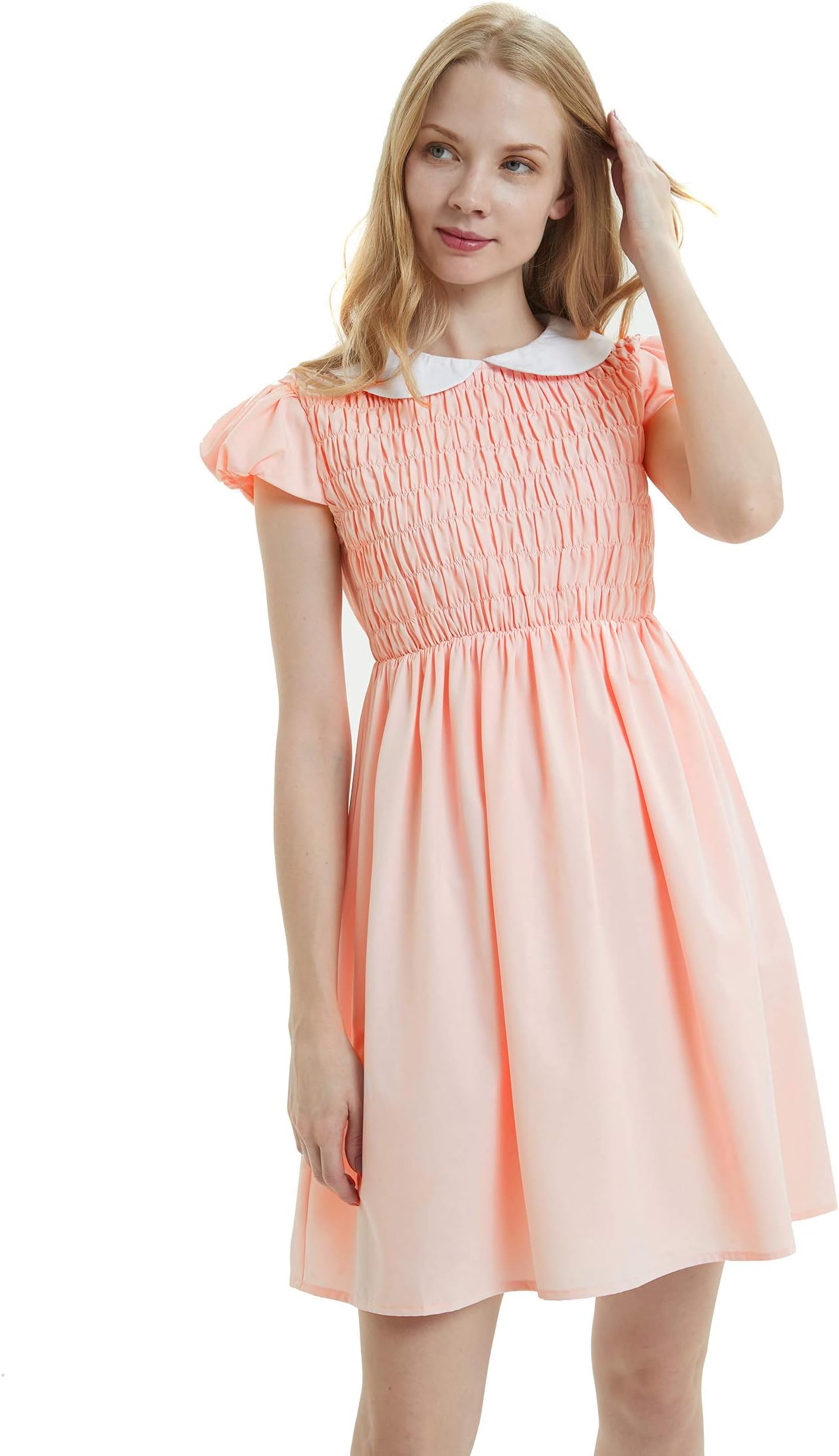Women's Pure Pink Peter Pan Collar Costume Dress Short Sleeve with Socks