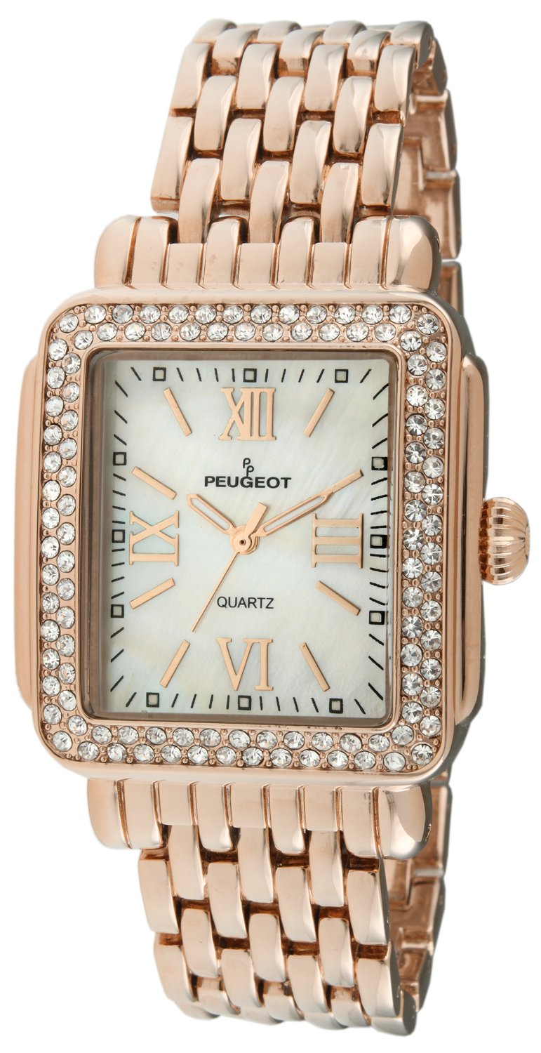 Peugeot Women Rectangle Dress Watch with Crystal Decorated Bezel, Roman Numerals and Bracelet