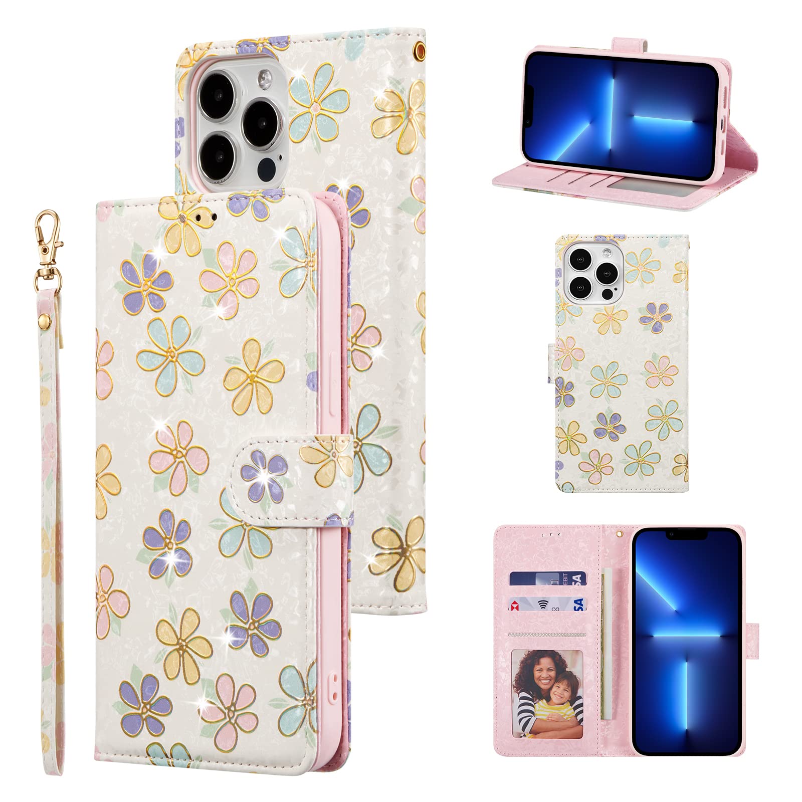 UEEBAI Wallet Case for iPhone 13 Pro Max 6.7 inch, PU Leather Phone Case Kickstand RFID Blocking Flip Case with Card Slots Wrist Strap Relief Engraved Pattern Magnetic Closure Folio Case - White Daisy — image 1