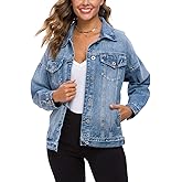 Tsher Women's Oversize Vintage Washed Denim Jacket Long Sleeve Classic Loose Jean Trucker Jacket