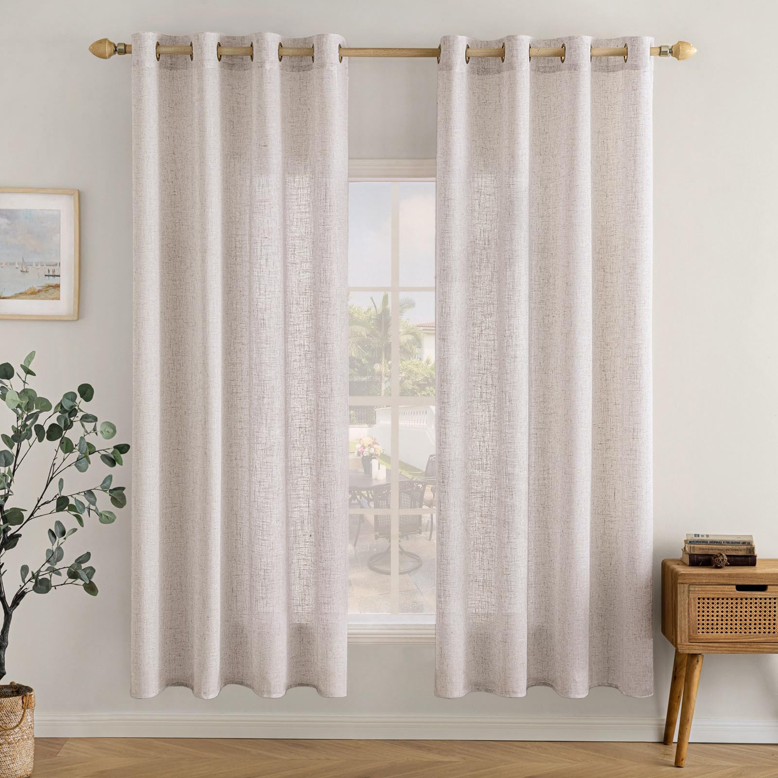 EMEMA Linen Curtain with Eyelets, Linen Look Voile Curtain, Modern Semi-Transparent for Living Room, Kitchen Curtains, Tab-Top Curtain, Children's Room, Set of 2, 140 x 160 cm, White