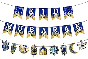 AhfuLife Eid Mubarak Banner Decorations, Pre-tied Eid Mubarak Bunting Banner Party Supplies for Home Outdoor Umrah Mubarak Party Decor Moon Star Garland