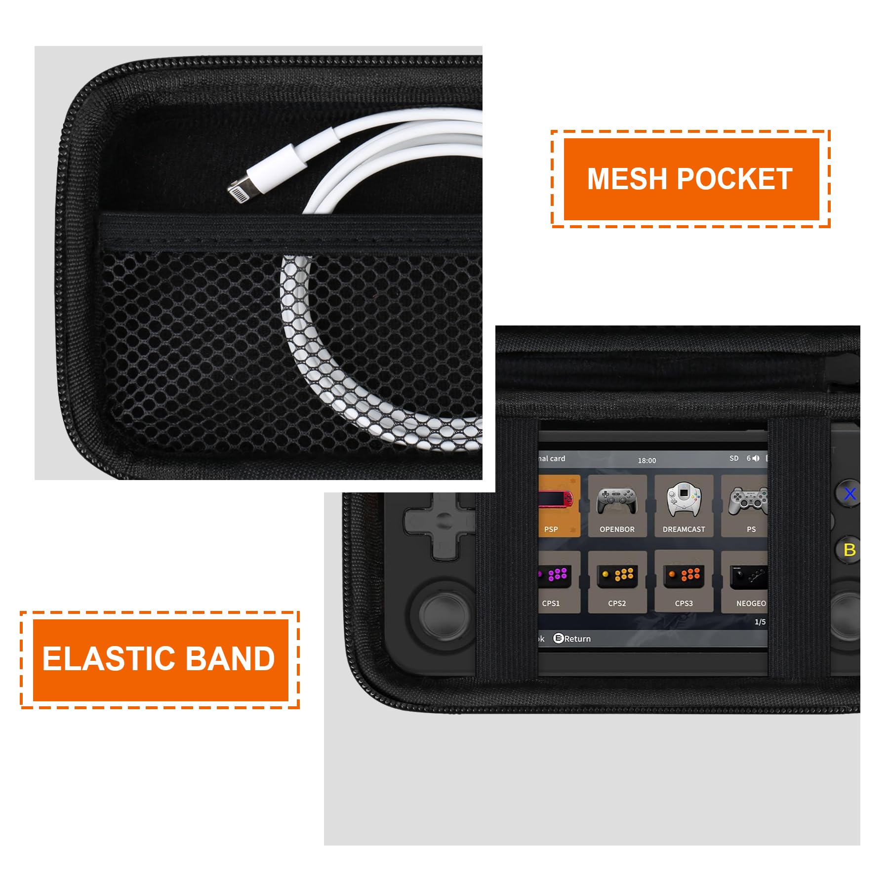 Supmay Hard Carrying Case for RG35XX H Retro Handheld Game Console, Retro Game Travel Storage Holder with Mesh Bag for SD Card, USB Type-C Cable, User Manual, Black