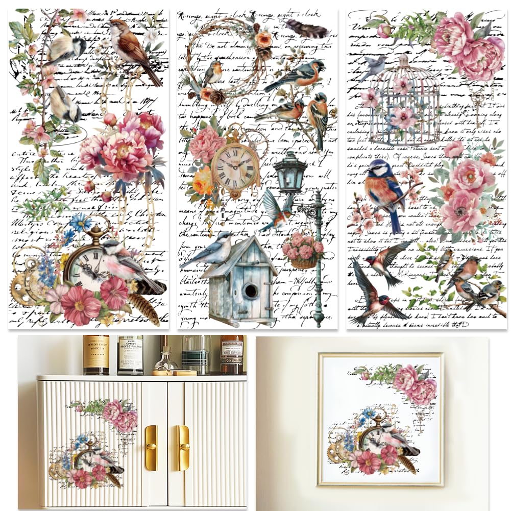 INFUNLY 3 Sheet Vintage Flower Rub on Transfers for Crafts 6x12 Bird Furniture Rub on Transfer Stickers Rose Floral Rub on Transfer Decals Waterproof for Wood Glass Scrapbook DIY Paper Home Decor