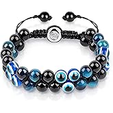 Triple Protection Bracelet, Evil Eye Tiger Eye and Black Obsidian 8mm Beads Bracelet for Men Women, Healing Bracelet Bring Luck and Prosperity, Happiness(Blue)