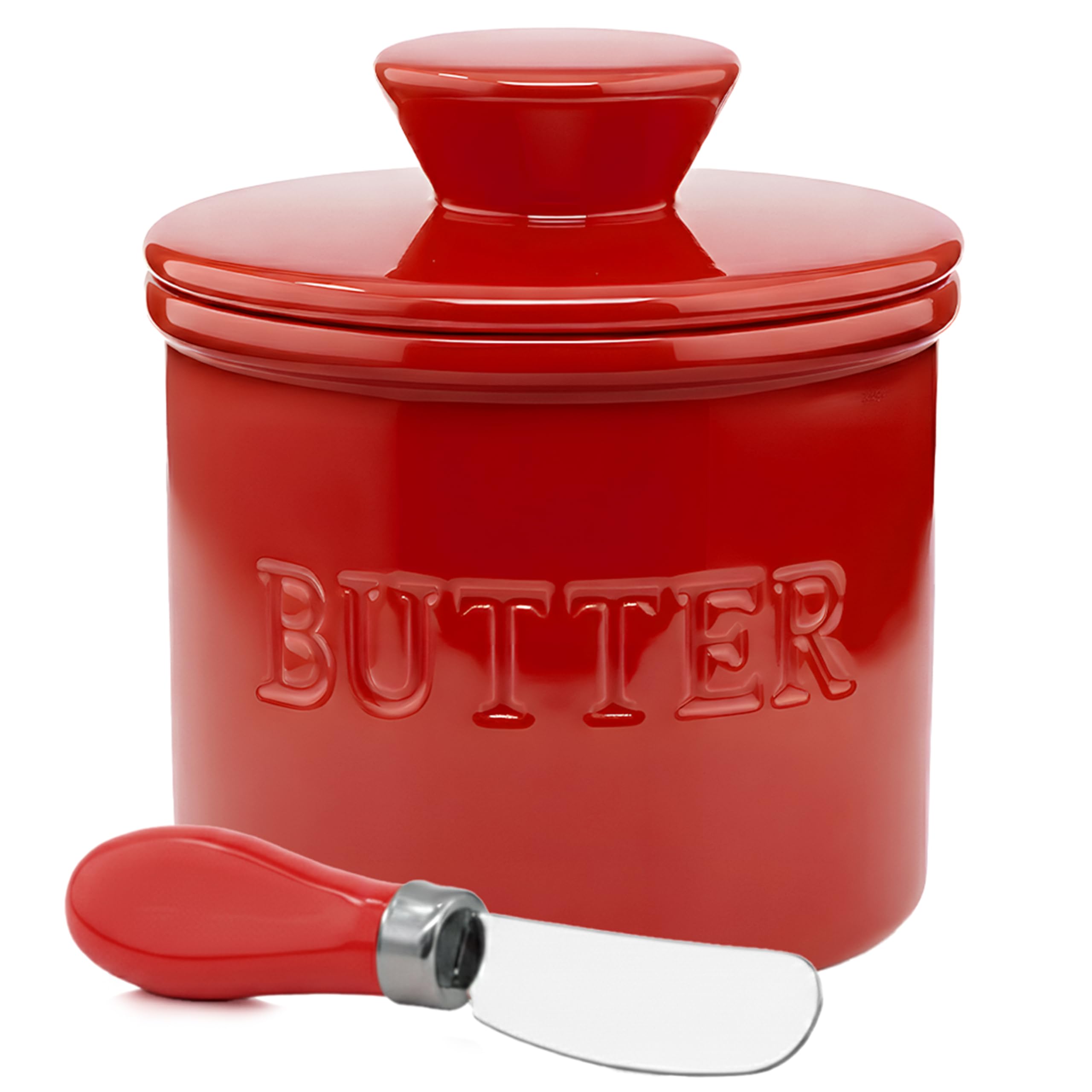 Photo 1 of **MISSING KNIFE***PriorityChef Butter Crock with Lid with Water Line, Ceramic French Butter Dish to Leave On Counter, Red