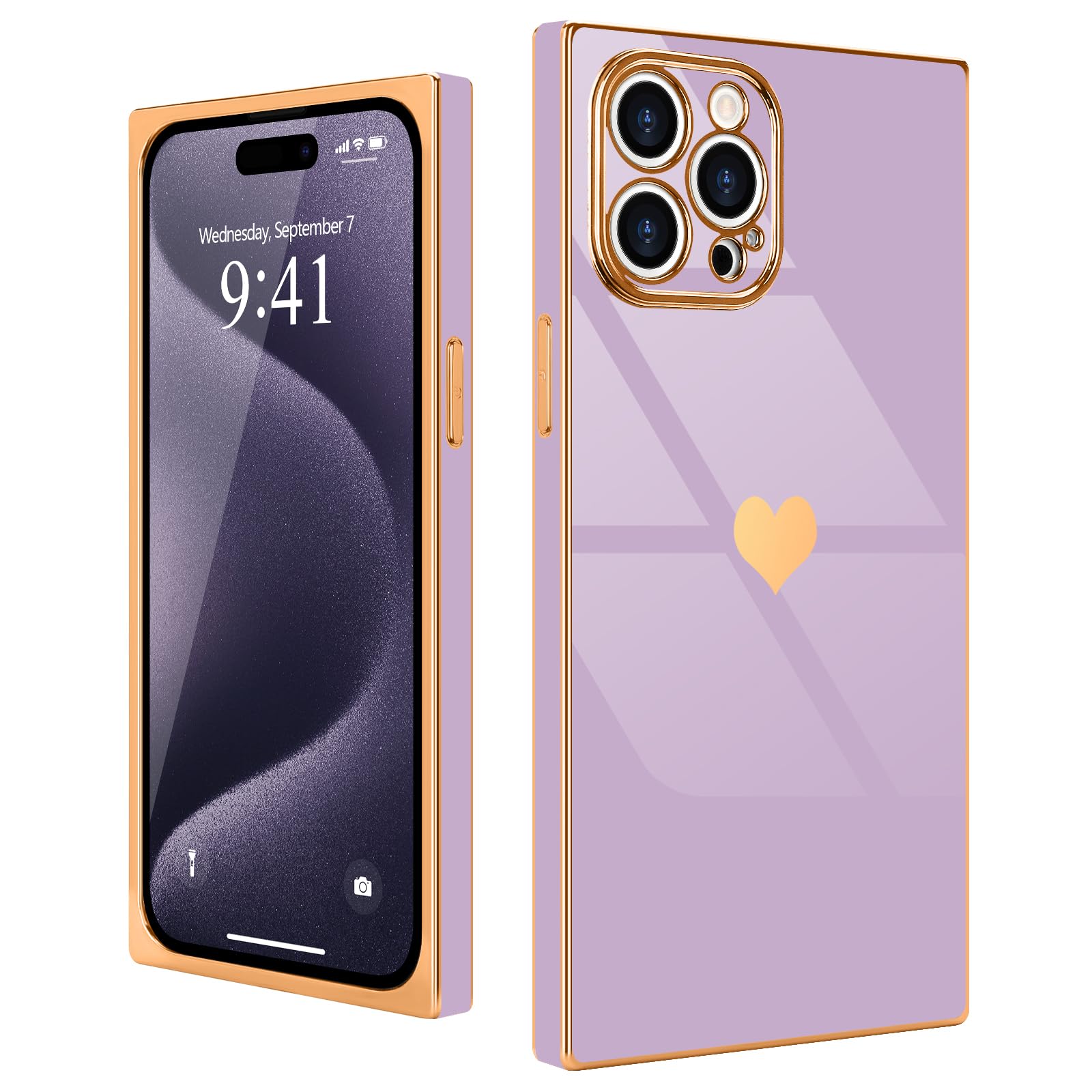 Urarssa for iPhone 15 Pro Max Case Cute Rectangle Heart Pattern Luxury Gold Plating Cases Women Girls Shockproof Bumper Silicone Protective Cover for iPhone 15 Pro Max-Purple — image 1