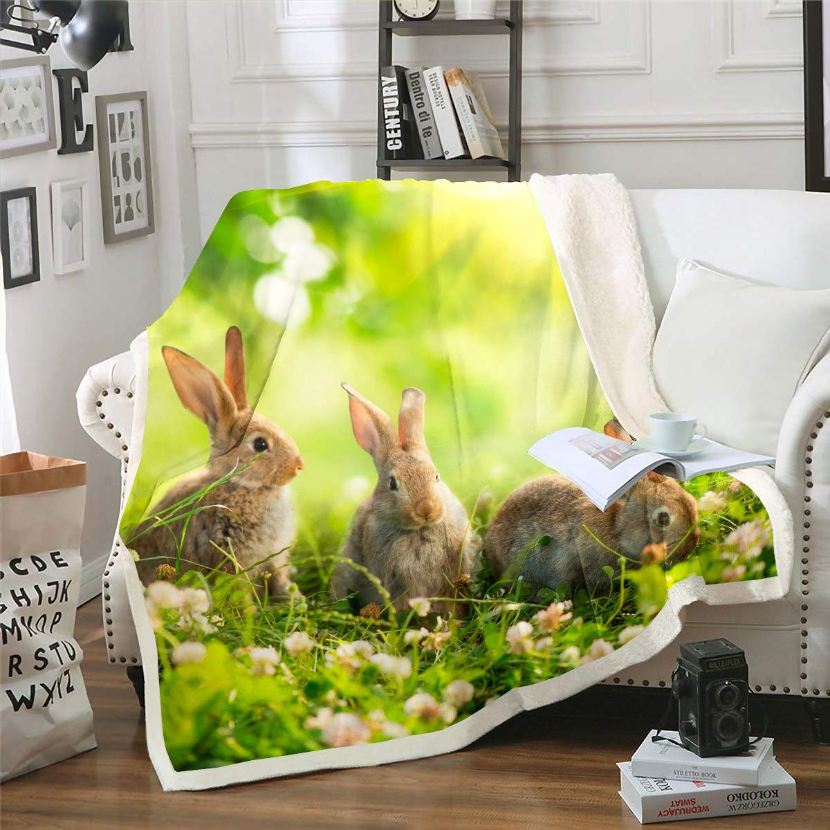 Girls Cute Rabbit Fleece Blanket Girly 3D Lovely Animal Pet Plush Throw Blanket for Couch Sofa Rabbits Print Sherpa Blanket Green Nature Theme Fuzzy Blanket Bedroom Decor Single 50"x60"